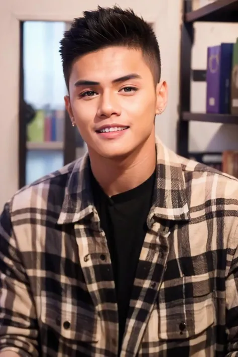 ((masterpiece)), ((best quality:1.2)), High Resolution, 8k, (ultra_realistic:1.3), (photorealistic:1.4), (instagram model, handsome:1.2), sharp focus, a close up photo of (Ronnie Alonte, ronniealontekm), wearing student uniform, in the library, indoor, shelves with books in the background, smile, <lora:RonnieAlonteKM:0.8>