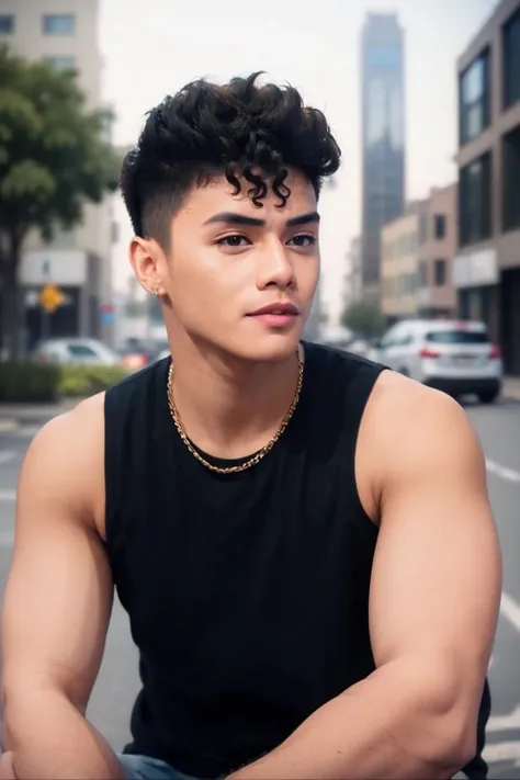 A young man, 18 yeaes old, with a sturdy build and short, messy black hair. Bright hazel-green eyes stand out, and his style is complemented by several piercings on the ears and a ring on the lip.