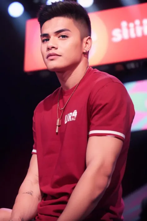((masterpiece)), ((best quality:1.2)), High Resolution, 8k, (ultra_realistic:1.3), (photorealistic:1.4), (instagram model, handsome:1.2), sharp focus, a photo of (Ronnie Alonte, ronniealontekm), wearing simple red shirt, on the stage, fashion show, modelling, strobe lights, <lora:RonnieAlonteKM:0.8>