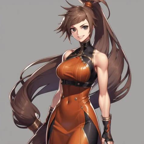 <lora:striker-nvwls-v1-final> dnfstriker, ponytail, orange sleeveless turtleneck, fingerless gloves, black leggings, stomach, orange shoes, podium, prize, lifting, (holding trophy, gold trophy:1.1), spotlight, from below, foreshortening, gold, medal, happy, confident smile, angry, commemorating, standing, lifting