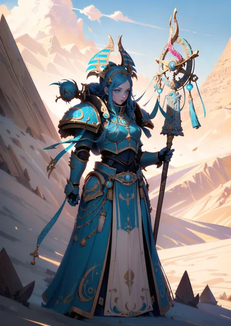 (1girl) (digital) (in detailed desert, pyramid, (armor, magic, glowing, holding staff)) , best quality, <lora:boldline:0.2> <lora:hairdetailer:0.2> thousandsons <lora:thousandsons:1>