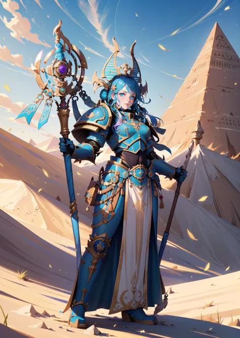 (1girl) (digital) (in detailed desert, pyramid, (armor, magic, glowing, holding staff)) , best quality, <lora:boldline:0.2>  <lora:hairdetailer:0.2>  thousandsons <lora:thousandsons:0.9>
