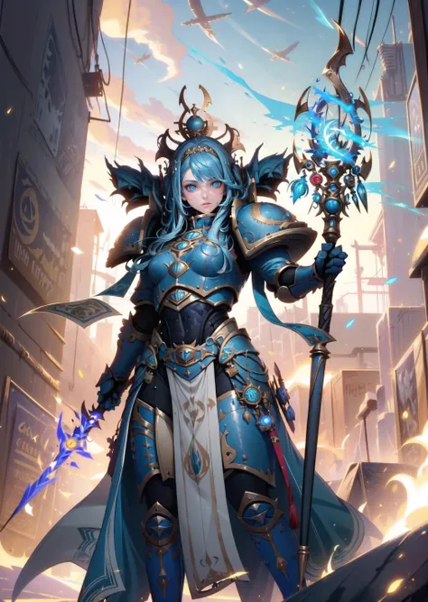 (1girl) (digital) (in detailed factory, (armor, magic, glowing, holding staff)) , best quality, <lora:boldline:0.2> <lora:hairdetailer:0.2> thousandsons <lora:thousandsons:1>