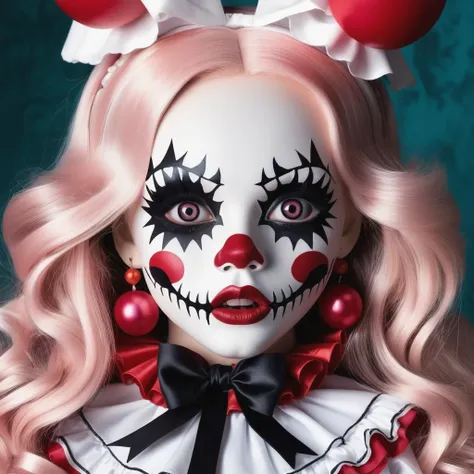 <lora:add-detail-xl:0.8> ((fullbody:1.3)) ((mark ryden style:1.3)) witty drawing of a a girl dressed in clown makeup with fake tongue sticking out, wearing a doll dress being held in an organ by a skeleton, rozen maiden, in the style of Rushton Dolls, light pink and white, plush doll art, emilia wilk, laurie lipton, kawaii art, zigzags, disfigured forms, lEICA SL2 50mm F 1.4 kit,mirrorless lens <lora:KawaiiMakeupXLv2:0.8> kawaii makeup