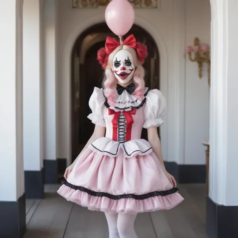 <lora:add-detail-xl:0.8> ((fullbody:1.3)) ((mark ryden style:1.3)) witty drawing of a a girl dressed in clown makeup with fake tongue sticking out, wearing a doll dress being held in an organ by a skeleton, rozen maiden, in the style of Rushton Dolls, light pink and white, plush doll art, emilia wilk, laurie lipton, kawaii art, zigzags, disfigured forms, lEICA SL2 50mm F 1.4 kit,mirrorless lens <lora:KawaiiMakeupXLv2:0.8> kawaii makeup