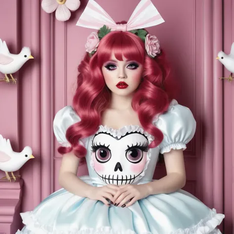 <lora:add-detail-xl:0.8> ((fullbody:1.3)) ((mark ryden style:1.3)) super funny grumpy fluffy birds with flowers, big cute funny grumpy eyes, full body, white background, 7k+uhd,, wearing a doll dress being held in an organ by a skeleton, rozen maiden, in the style of Rushton Dolls, light pink and white, plush doll art, emilia wilk, laurie lipton, kawaii art, zigzags, disfigured forms, lEICA SL2 50mm F 1.4 kit,mirrorless lens <lora:KawaiiMakeupXLv2:0.8> kawaii makeup