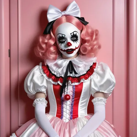 <lora:add-detail-xl:0.8> ((fullbody:1.3)) ((mark ryden style:1.3)) witty drawing of a a girl dressed in clown makeup with fake tongue sticking out, wearing a doll dress being held in an organ by a skeleton, rozen maiden, in the style of Rushton Dolls, light pink and white, plush doll art, emilia wilk, laurie lipton, kawaii art, zigzags, disfigured forms, lEICA SL2 50mm F 1.4 kit,mirrorless lens <lora:KawaiiMakeupXLv2:0.8> kawaii makeup