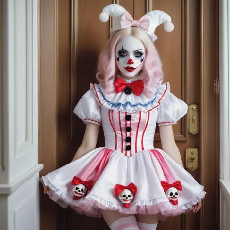 <lora:add-detail-xl:0.8> ((fullbody:1.3)) ((mark ryden style:1.3)) witty drawing of a a girl dressed in clown makeup with fake tongue sticking out, wearing a doll dress being held in an organ by a skeleton, rozen maiden, in the style of Rushton Dolls, light pink and white, plush doll art, emilia wilk, laurie lipton, kawaii art, zigzags, disfigured forms, lEICA SL2 50mm F 1.4 kit,mirrorless lens <lora:KawaiiMakeupXLv2:0.8> kawaii makeup