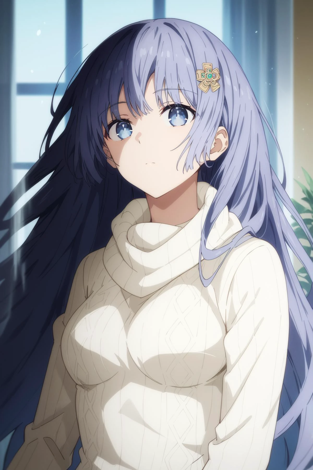 score_9, score_8_up, score_7_up, source_anime, rating_safe, 1girl, zPDXL2, expressionless, <lora:add-detail-xl:1> <lora:miku-izayoi-s4s5-ponyxl-lora-nochekaiser:1> miku izayoi, long hair, hair ornament, bangs, long sleeves, white sweater, blue eyes, turtleneck, blue hair