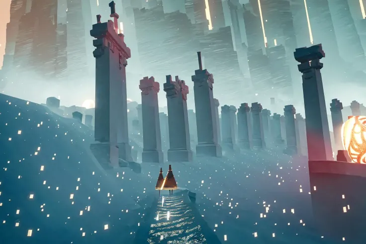 masterpiece, ultra-detailed, best quality, illustration, 8k cg wallpaper, an extremely delicate and beautiful, stunning landscape, graveyard, gravestones, dirt path, lanterns, candles, intricately detailed items in background, <lora:Journey:1>