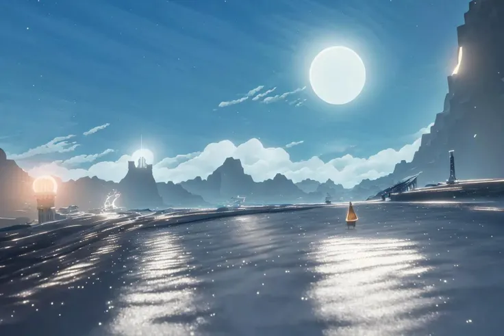 masterpiece, ultra-detailed, best quality, illustration, 8k cg wallpaper, an extremely delicate and beautiful, stunning landscape, beach, lighthouse, moon, stars, clouds, intricately detailed items in background, <lora:Journey:1>