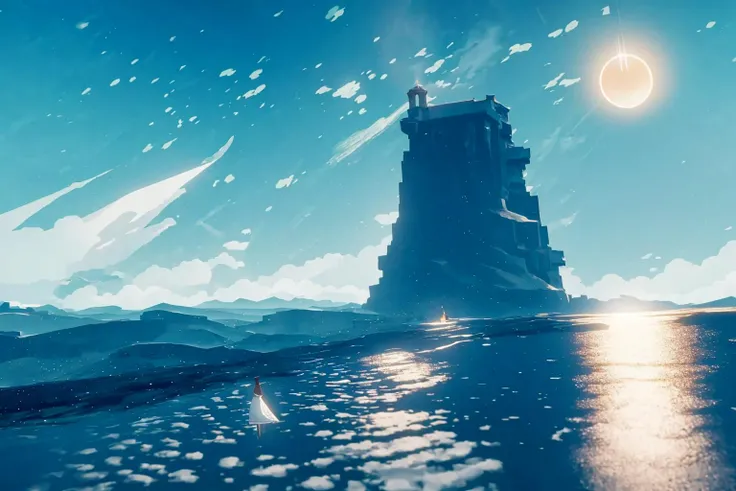 masterpiece, ultra-detailed, best quality, illustration, 8k cg wallpaper, an extremely delicate and beautiful, stunning landscape, beach, lighthouse, moon, stars, clouds, intricately detailed items in background, <lora:Journey:1>