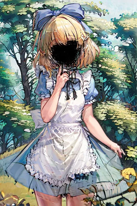 (masterpiece, best quality),1girl, beautiful face,  <lora:alice:1> alice, a cartoon character wearing an alice costume with a full black face, 1girl, apron, blonde hair, alice (alice in wonderland), solo, dress, blue dress, short sleeves, short hair, white apron, nature background, ribbon, outdoors,