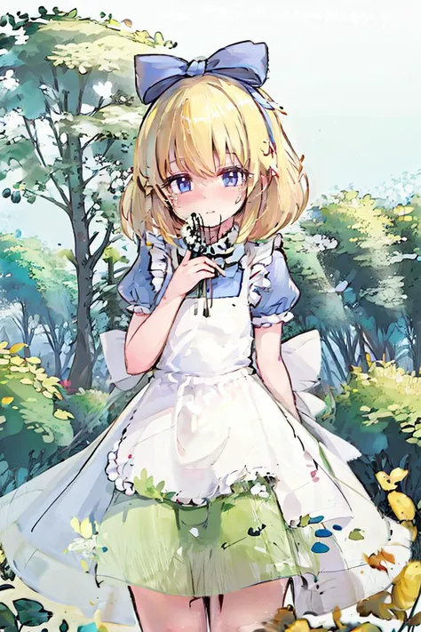 (masterpiece, best quality),1girl, beautiful face,   <lora:alice:1> alice, a cartoon character wearing an alice costume, 1girl, apron, blonde hair, alice (alice in wonderland), solo, dress, blue dress, short sleeves, short hair, white apron, nature background, ribbon, outdoors,