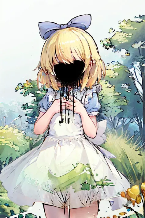 (masterpiece, best quality),1girl, beautiful face, <lora:alice:1> alice, a cartoon character wearing an alice costume, 1girl, apron, blonde hair, alice (alice in wonderland), solo, dress, blue dress, short sleeves, short hair, white apron, nature background, ribbon, outdoors,