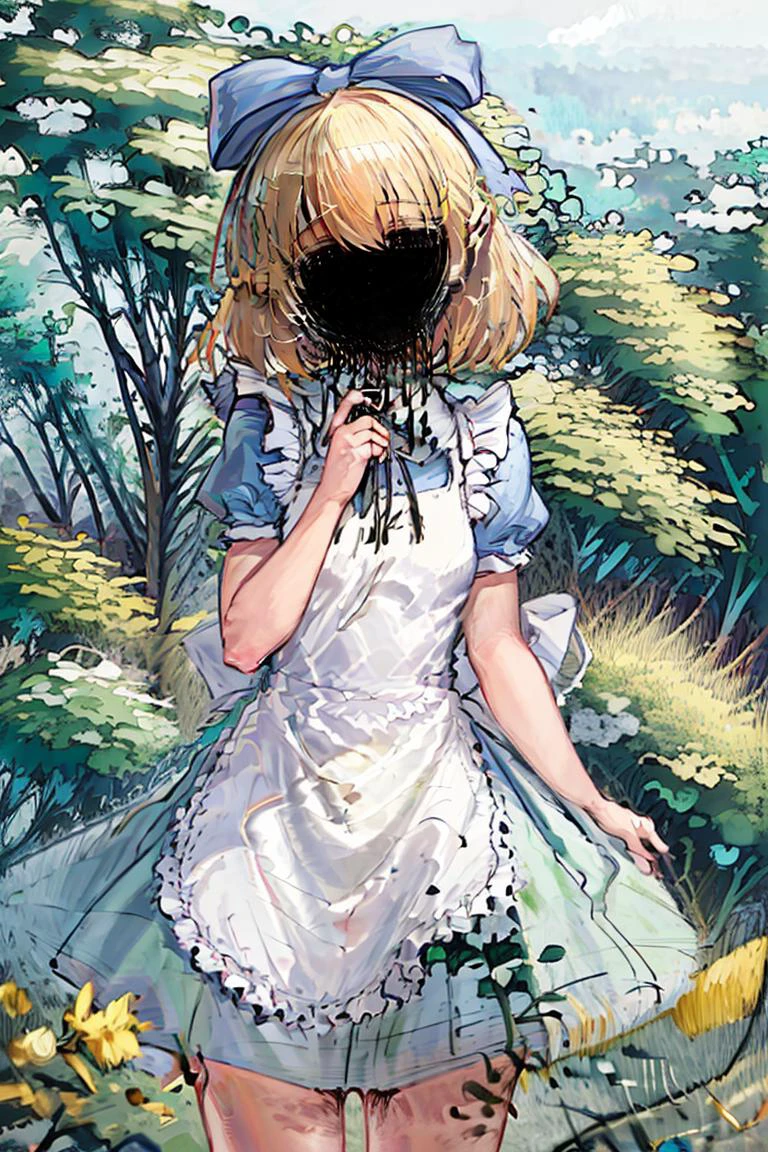 (masterpiece, best quality),1girl, beautiful face, <lora:alice:1> alice, a cartoon character wearing an alice costume with a full black face, 1girl, apron, blonde hair, alice (alice in wonderland), solo, dress, blue dress, short sleeves, short hair, white apron, nature background, ribbon, outdoors,
