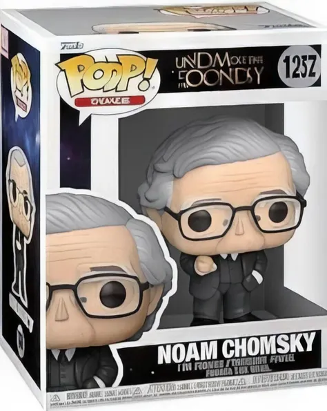 Funko Pop, Noam Chomsky, in a Funko Pop box, English text, wearing a black suit <lora:Funko_Pop_SDXL:1>