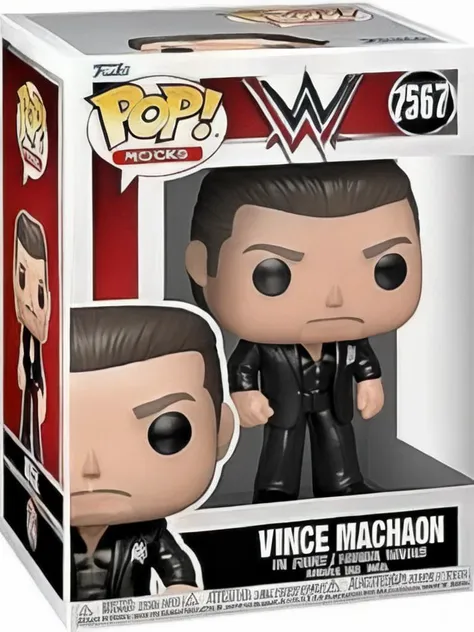 Funko Pop, Vince McMahon, in a Funko Pop box, English text, black vest and black trousers <lora:Funko_Pop_SDXL:1>