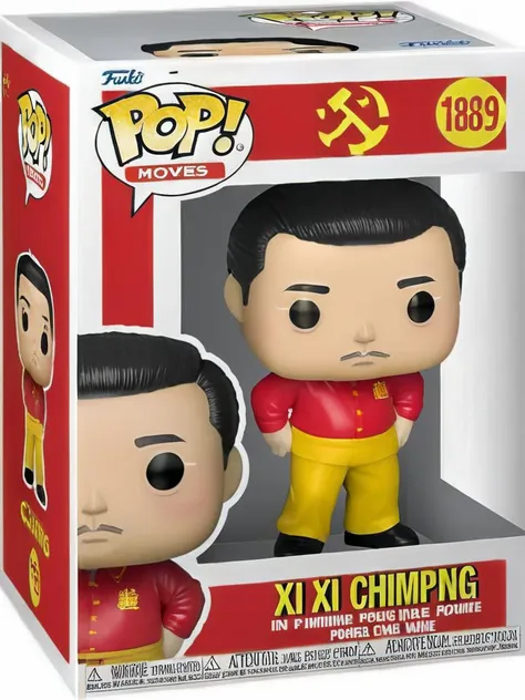 Funko Pop, Xi Jinping, in a Funko Pop box, English text, red tshirt and yellow trousers <lora:Funko_Pop_SDXL:1>