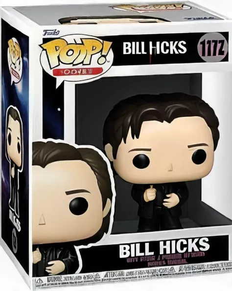 Funko Pop, Bill Hicks, in a Funko Pop box, English text, black clothes, <lora:Funko_Pop_SDXL:1>