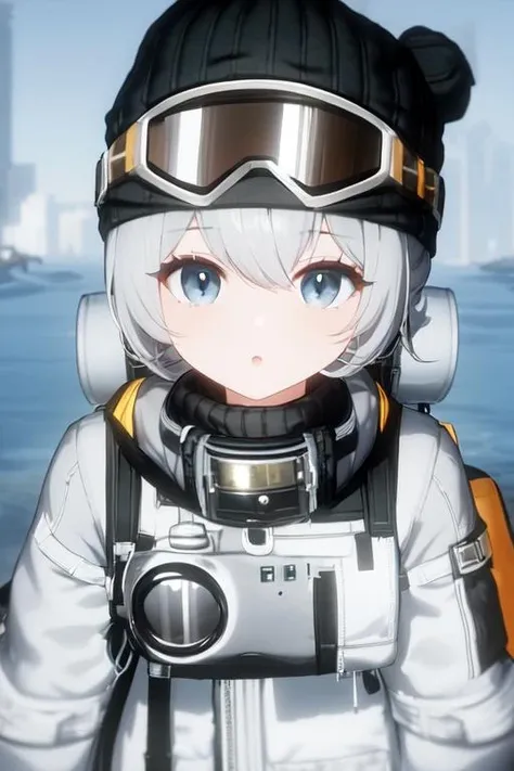 1girl, solo, outdoors, upper body, portrait, :o, <lora:leviathan:0.85>, leviathan, gloves, coat, goggles on head, beanie,