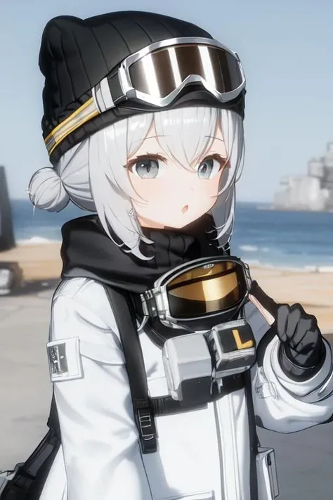 1girl, solo, outdoors, upper body, portrait, :o, <lora:leviathan:0.85>, leviathan, gloves, coat, goggles on head, beanie,