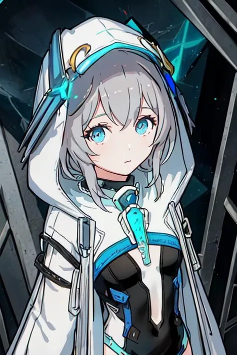 1girl, solo, masterpiece, best quality, indoors, <lora:leviathan2:0.85>, leviathan2, leotard, hood, upper body, portrait, looking at viewer, facing viewer,