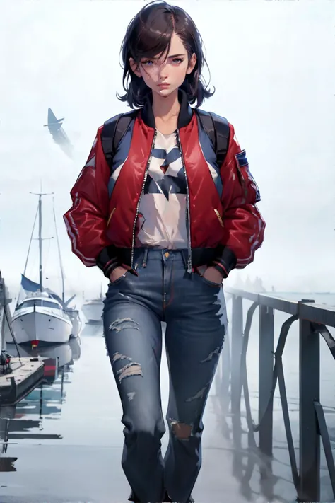 <lora:bomberm:0.4>, woman wearing bomber jacket and jeans, hands in pockets, fog-shrouded harbor, masterpiece, 8k, high resolution, shallow depth of field, sharp focus