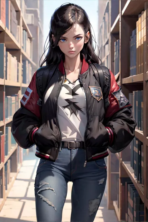 <lora:bomberm:0.4>, woman wearing bomber jacket and jeans, hands in pockets, ancient library with forbidden lore, masterpiece, 8k, high resolution, shallow depth of field, sharp focus