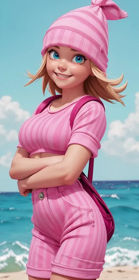 (best quality:1.4),(shiny skin), body focus, (cute face), (((best quality))), illustration, ((Beautiful Finger)), , Beautiful body, Beautiful character design, ,perfect lighting, Colorful, Bright_Front_face_Lighting, ultra high res, highres, absurdres:1.2, bokeh:1.2, lens flare, (vibrant_color:1.2), (Beautiful, medium breasts:1.6), (thick thighs:1.1), THICK,
1girl, <lora:Edith_Gru:1> Pink knitted beanie, smug or content expression, round blue eyes, pinkish skin tone, pink and white striped shirt, black backpack straps visible, (ocean:1.5), sand, palms, sun, dark purple pants, white shoes, (child:1.2)