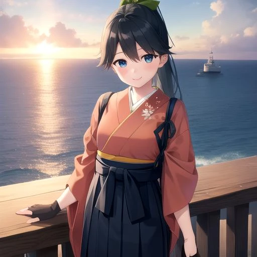 ((masterpiece)),(best quality),official art,extremely detailed CG,unity 8k wallpaper,ultra detailed,A lighthouse on a cliff by the sea,1girl,solo,cowboy shot,japanese_clothes,ponytail,long_hair,white_pantyhose,black_hair,hakama_skirt,partially_fingerless_gloves,tasuki,yugake,pink_kimono,smile,black_hakama,blush,hakama_short_skirt,blue_eyes,<lora:Houshou(kan)>,