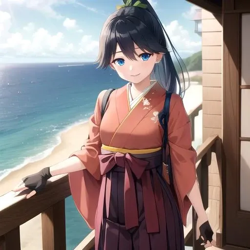 ((masterpiece)),(best quality),official art,extremely detailed CG,unity 8k wallpaper,ultra detailed,A lighthouse on a cliff by the sea,1girl,solo,cowboy shot,japanese_clothes,ponytail,long_hair,white_pantyhose,black_hair,hakama_skirt,partially_fingerless_gloves,tasuki,yugake,pink_kimono,smile,black_hakama,blush,hakama_short_skirt,blue_eyes,<lora:Houshou(kan)>,