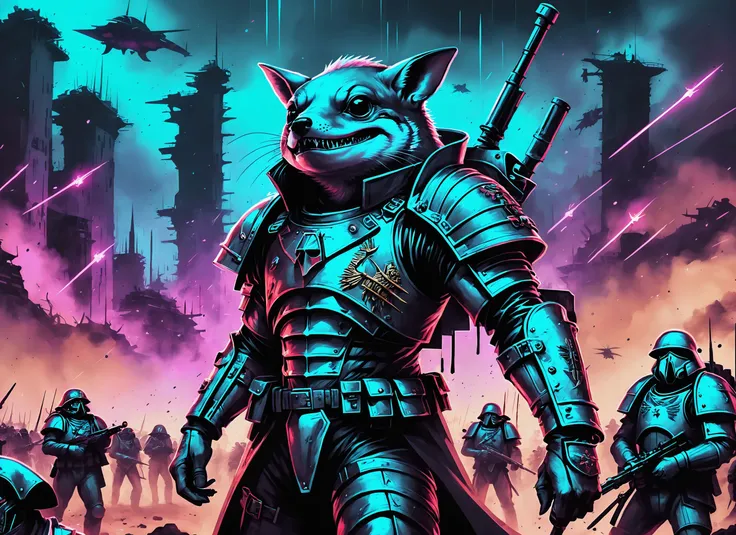 (Ariana Grande), nighttime, cyberpunk city, dark, raining, neon lights ((,Wearing a blazer over a hoodie)), blazer, hoodie, (<lora:DFunk_SDXL:0.5> ), cyberpunk, synthwave, 1980s, futurism, brutalism, neuromancer, cinematic photo in The outback, leading a horde army, thousands of warriors, futuristic attire, future soldier, in wh40k, Warhammer 40,000, death korps of krieg, dkok, astra militarum, space marines, epic battle, only war, wearing huge pauldrons, WWI, trenches, dirt, battle,((pinkfong baby shark))