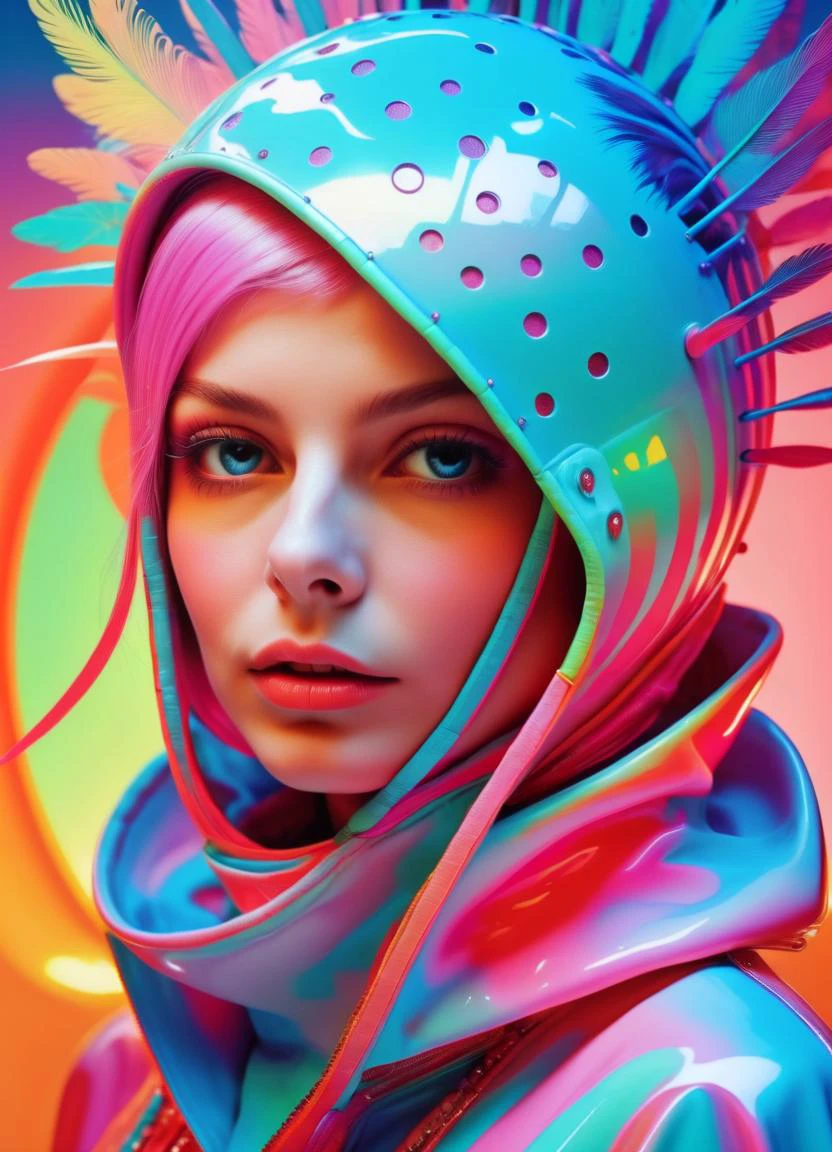 (in the style of Firmin Baes) fashion model photography, hyper modern, glamorous surreal, creative, extreme intricate detail, in the style of movie poster, intense emotional atmosphere, pastel colors with glowing makeup <lora:DFunk_SDXL:0.8> <lora:Philippe Druillet Style:0.8> Philippe Druillet Style, subsurface scattering, Photorealistic, Hyperrealistic, analog style, realistic, film photography, soft lighting, heavy shadow