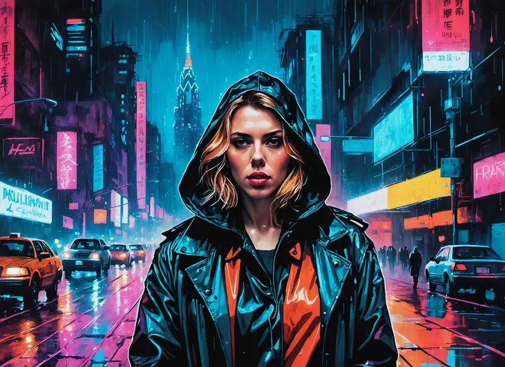 (Scarlett Johansson), nighttime, cyberpunk city, dark, raining, neon lights , (<lora:Neon Night:0.5> Neon Night,<lora:DFunk_SDXL:0.5> ), cyberpunk, synthwave, 1980s, futurism, brutalism, neuromancer, cinematic photo in Harvard, art by Jakub Rozalski, 1920+ Poland,standing in the distance,,art by Agnes Cecile,(wearing a parka),captured, in tears, handcuffed