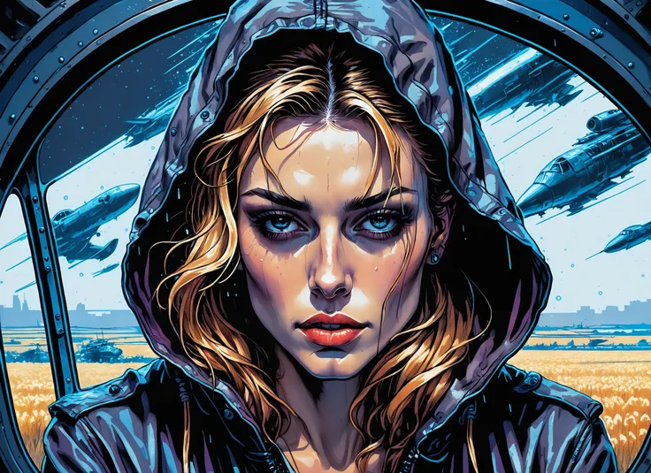 (a girl with a beautiful face), nighttime, cyberpunk city, dark, raining, neon lights ((,Wearing a blazer over a hoodie)), blazer, hoodie, (<lora:DFunk_SDXL:0.5> ), cyberpunk, synthwave, 1980s, futurism, brutalism, neuromancer, cinematic photo in an airplane, (breasts), toned, fit, (21yo), a 25-year-old woman, detailed face, petite figure, detailed skin texture, pale skin, thigh gap,art by enki bilal, art by philippe druillet, art by moebius, inspired by french comics art,by Jakub Rozalski, 1920+, poland, in 1920s Poland, world war 1, WWI, tanks, mechs, wheat fields,Pastels, Chiaroscuro