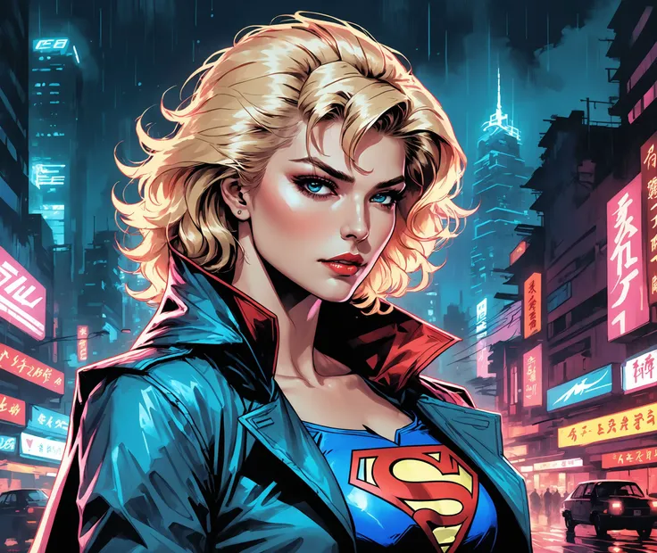 (a girl with a beautiful face, VAN), nighttime, cyberpunk city, dark, raining, neon lights ((,Wearing a blazer over a hoodie)), blazer, hoodie, (<lora:DFunk_SDXL:0.5> ), cyberpunk, synthwave, 1980s, futurism, brutalism, neuromancer, cinematic photo, in Communist China, art by Jakub Rozalski, 1920+ Poland,detailed hair, mullet haircut, blonde hair,Power girl, supergirl, blonde,art by Antoine Le Nain, art by Antoine Verney-Carron