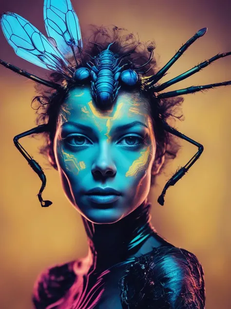 dfunk, double exposure photo, trick photography, (macro photo of intricately detailed wasp, extreme closeup), (superimposed) on a feminine face portrait, concept, cool, cinematic, visionary, <lora:DFunk_SDXL:0.9>