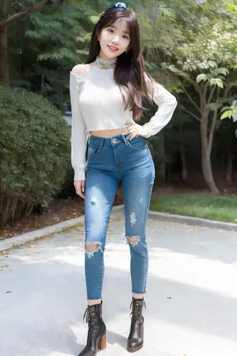 ultra realistic details, sharp focus, detailed skin, 1 Korean cute girl (19 years old Korean girl:1.2), (kpop idol:1.2), (korean beauty:0.8), (photorealistic:1.4),1girl, (masterpiece), best quality, highest quality,pants (detailed face:1.5),original,highres, ((full body shot:1.5)), unparalleled masterpiece, perfect artwork, ((perfect female figure)),mature female, narrow waist, skinny,detailed skin, solo,white background,black leather boots, large pelvis, black footwear, full body, white background black boots, black footwear, full body, standing,long tight blue jeans, skinny jeans, denim, standing on one leg, brown eyes, long hair, black hair,sleeves past wrists, long sleeves, open clothes, blue jeans, street,afternoon,nature light,outdoors, tree, bus stop,200 mm,low position,lens flare,(masterpiece), best quality, ultra high res, sexy pose, slim body,laughing, photon mapping, radiosity, physically-based rendering, cinematic lighting, intricate, High Detail, Sharp focus, dramatic, photorealistic (large hips:1.3)choker, bracelet, black nails,(korean beauty:0.8), (kpop idol:1.2), (detailed skin), (19 years old korean girl:1.2)(smile:1.5) (open mouth:1.4), bangs pureerosface_v1