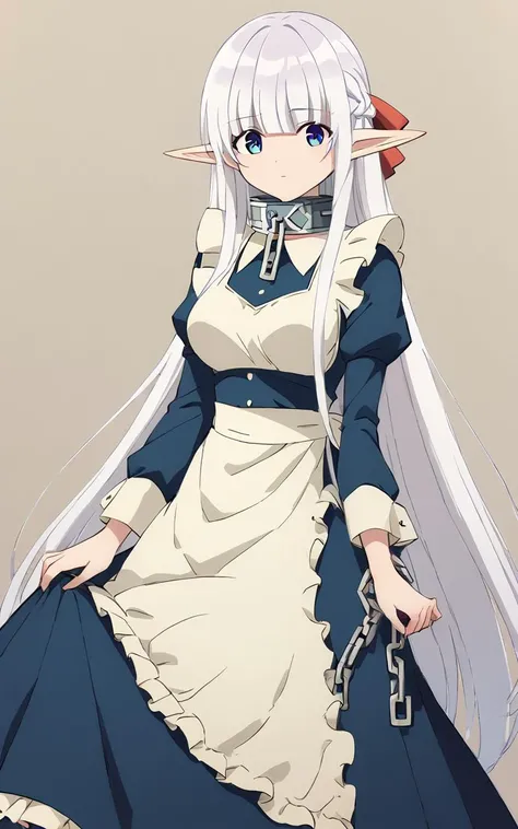 1girl, solo <lora:sdxl-mdm-nephelia-pony:0.8>, nephelia, elf, blue eyes, pointy ears, white hair, very long hair, bangs, hair red bow, braid, medium breasts, chain, metal collar +++ , frilled, indigo blue maid dress, long sleeves, puffy sleeves, long ivory apron, long dress, lace trim, brown long lace-up boots +++ :>, score_9, score_8_up, source_anime