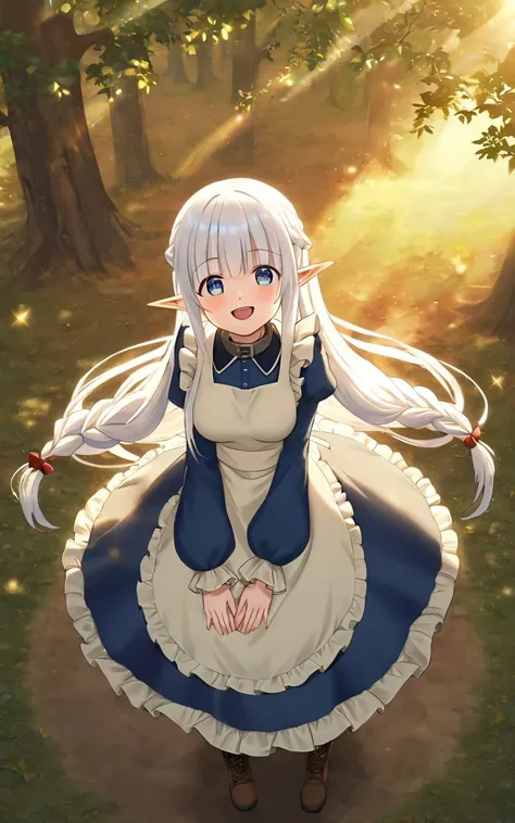 1girl, solo <lora:sdxl-mdm-nephelia:0.7>, nephelia, elf, blue eyes, pointy ears, white hair, very long hair, bangs, hair red bow, braid, medium breasts, chain, metal collar, frilled, indigo blue maid dress, long sleeves, puffy sleeves, long ivory apron, long dress, lace trim, brown long lace-up boots, smile :o , +++ smile, large open mouth, fang, upper teeth, spread hands own cheeks ,from behind, looking to the side, Aerial Shot, contrapposto, dynamic pose, cinematic lighting, happy, daytime, strong light, glare, coming in light, rays light, sparkles, lens flare, caustics, golden hour, Sun Tree, Color Temperature