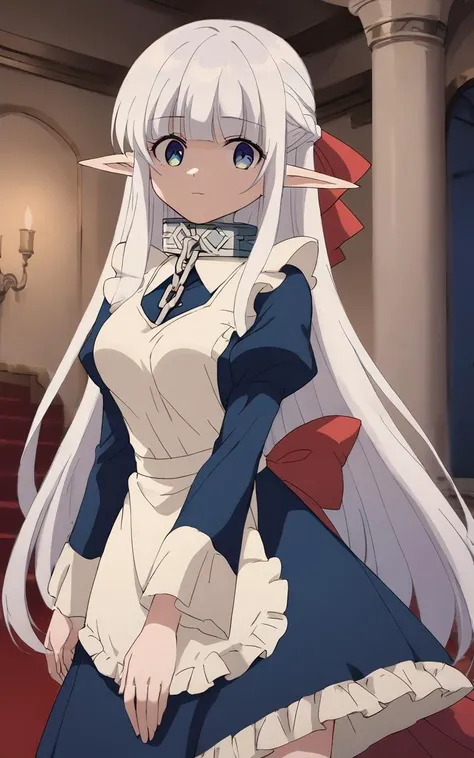 score_9, score_8_up, source_anime, 1girl, solo <lora:sdxl-mdm-nephelia-pony:0.8>, nephelia, elf, blue eyes, pointy ears, white hair, very long hair, bangs, hair red bow, braid, medium breasts, chain, metal collar +++ , frilled, indigo blue maid dress, long sleeves, puffy sleeves, long ivory apron, long dress, lace trim, brown long lace-up boots +++ :3, Aristocratic mansion entrance chandelier, Portrait-on-wall , Room, nighttime, night, serenity, perfect shadow, deep shadows, bokeh, depth of field half moon, shadow night,