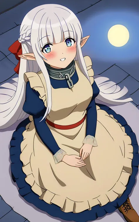 1girl, solo <lora:sdxl-mdm-nephelia:0.7>, nephelia, elf, blue eyes, pointy ears, white hair, very long hair, bangs, hair red bow, braid, medium breasts, chain, metal collar, frilled, indigo blue maid dress, long sleeves, puffy sleeves, long ivory apron, long dress, lace trim, brown long lace-up boots, smile :o, nighttime, night, Gaslight, moon light, sight light, perfect darkness, perfect shadow, head tilt, look up to, from above sitting, cinematic lighting, Blushing, Fairy Kingdom, Incandescent Light