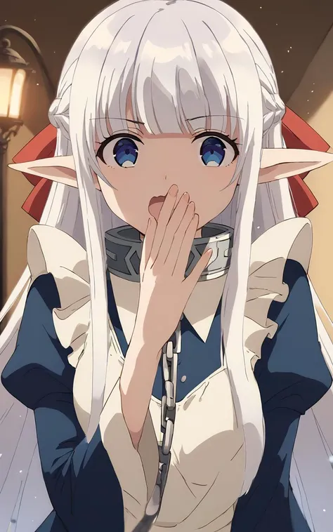 score_9, score_8_up, source_anime, 1girl, solo <lora:sdxl-mdm-nephelia-pony:0.8>, nephelia, elf, blue eyes, pointy ears, white hair, very long hair, bangs, hair red bow, braid, medium breasts, chain, metal collar +++ , frilled, indigo blue maid dress, long sleeves, puffy sleeves, long ivory apron, long dress, lace trim, brown long lace-up boots +++ wavy mouth, half opened mouth, Aristocratic mansion entrance chandelier, Portrait-on-wall , Weight Management Clinic, nighttime, night, serenity, perfect shadow, deep shadows, bokeh, depth of field half moon, shadow night, , +++ daytime, strong light, glare, coming in light, rays light, sparkles, lens flare, caustics, golden hour, Covering mouth with hand ,reaching out, looking at viewer, Aerial Shot, contrapposto, dynamic pose, cinematic lighting, Jubilant