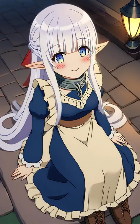 1girl, solo <lora:sdxl-mdm-nephelia:0.7>, nephelia, elf, blue eyes, pointy ears, white hair, very long hair, bangs, hair red bow, braid, medium breasts, chain, metal collar, frilled, indigo blue maid dress, long sleeves, puffy sleeves, long ivory apron, long dress, lace trim, brown long lace-up boots, smile whiskers , nighttime, night, Gaslight, moon light, sight light, perfect darkness, perfect shadow, head tilt, look up to, from above sitting, cinematic lighting, Blushing, Fairy Kingdom, Incandescent Light