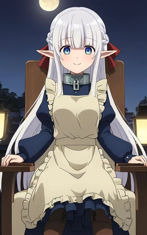 1girl, solo <lora:sdxl-mdm-nephelia:0.7>, nephelia, elf, blue eyes, pointy ears, white hair, very long hair, bangs, hair red bow, braid, medium breasts, chain, metal collar, frilled, indigo blue maid dress, long sleeves, puffy sleeves, long ivory apron, long dress, lace trim, brown long lace-up boots, smile Delighted , +++ head rest on table, Sitting in a chair ,From a Distance, looking ahead, Establishing Shot, contrapposto, dynamic pose, cinematic lighting, :>, nighttime, night, Gaslight, moon light, sight light, perfect darkness, perfect shadow, Weight Management Clinic , extremely quality extremely detailed, illustration, cute anime face
