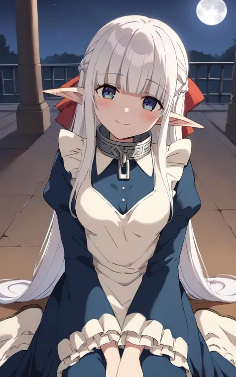 score_9, score_8_up, source_anime, 1girl, solo <lora:sdxl-mdm-nephelia-pony:0.7>, nephelia, elf, blue eyes, pointy ears, white hair, very long hair, bangs, hair red bow, braid, medium breasts, chain, metal collar, frilled, indigo blue maid dress, long sleeves, puffy sleeves, long ivory apron, long dress, lace trim, brown long lace-up boots, smile :o, nighttime, night, Gaslight, moon light, sight light, perfect darkness, perfect shadow, head tilt, look up to, from above sitting, cinematic lighting, Blushing, Fairy Kingdom, Incandescent Light