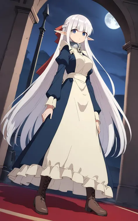 score_9, score_8_up, source_anime, 1girl, solo <lora:sdxl-mdm-nephelia-pony:0.8>, nephelia, elf, blue eyes, pointy ears, white hair, very long hair, bangs, hair red bow, braid, medium breasts, chain, metal collar +++ , frilled, indigo blue maid dress, long sleeves, puffy sleeves, long ivory apron, long dress, lace trim, brown long lace-up boots +++ :3, Aristocratic mansion red carpet, corridors Statue Vase of roses , cave on the shore, nighttime, night, serenity, perfect shadow, deep shadows, bokeh, depth of field half moon, shadow night, , +++ nighttime, night, Gaslight, moon light, sight light, perfect darkness, perfect shadow, Sitting, indian style ,hip focus, looking back, Low Angle, contrapposto, dynamic pose, cinematic lighting, pupils sparkling