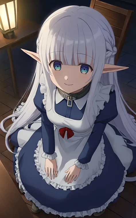 1girl, solo <lora:sdxl-mdm-nephelia:0.7>, nephelia, elf, blue eyes, pointy ears, white hair, very long hair, bangs, hair red bow, braid, medium breasts, chain, metal collar, frilled, indigo blue maid dress, long sleeves, puffy sleeves, long ivory apron, long dress, lace trim, brown long lace-up boots, smile whiskers , +++ Crouching Placing hand on knee ,from above, looking up, portrait, contrapposto, dynamic pose, cinematic lighting, Jubilant, nighttime, night, Gaslight, moon light, sight light, perfect darkness, perfect shadow, school, tables, chairs