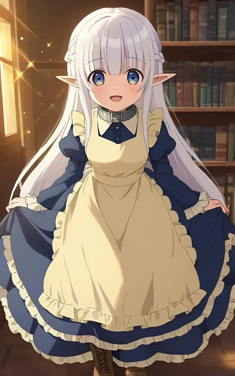 1girl, solo <lora:sdxl-mdm-nephelia:0.7>, nephelia, elf, blue eyes, pointy ears, white hair, very long hair, bangs, hair red bow, braid, medium breasts, chain, metal collar, frilled, indigo blue maid dress, long sleeves, puffy sleeves, long ivory apron, long dress, lace trim, brown long lace-up boots, smile whiskers, half opened mouth , +++ peace_sign_of_right_eye_side, lean against, open stance ,foot focus (focus sole of foot), looking at viewer, full body, contrapposto, dynamic pose, cinematic lighting, happy, :), daytime, strong light, glare, coming in light, rays light, sparkles, lens flare, caustics, golden hour, library Unique Artistic buckground, lighting melow , extremely quality extremely detailed, illustration, cute anime face